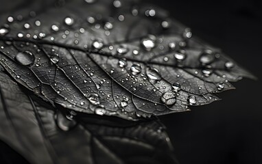 water drops on a leaf, black background