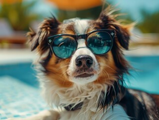 A wet dog wearing sunglasses is relaxing in a swimming pool on a hot summer day.