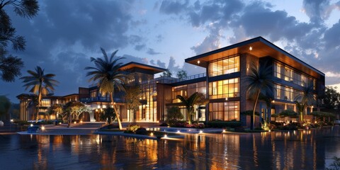 Modern Villa with Palm Trees and Sunset