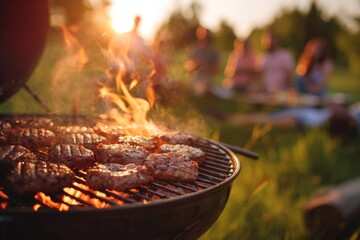 A group of people are gathered around a grill, cooking hamburgers