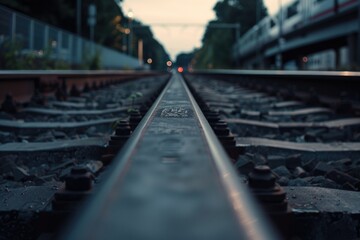 A gray metal train rail at daytime, evoking an industrial atmosphere.

