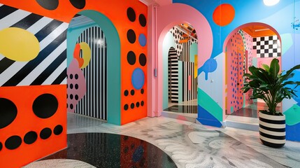 The walls are adorned with bold patterns, including black and white polka dots and multicolored geometric shapes. copy space for text.