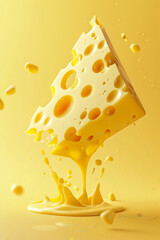 Perfect triangular piece of Maasdam cheese floats in the air, dripping liquid cheese