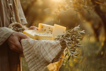 Farmer holding in hands basket with different cheeses products, towel, olive branches, warm vintage colours, bohemian village