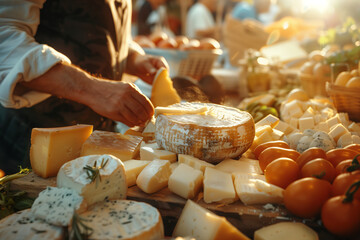 Middle shot farmer welcoming at the local market, different types of organic cheese on a wooden table, holding piece of cheese