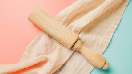 Wooden rolling pin and clean napkins on color background