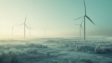 Panoramic view of wind farm or wind park, with high wind turbines for generation electricity with copy space. Green energy concept. Generative AI