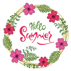 Handwritten, hello summer, lettering message. June welcome quote with color leaves . Modern lettering. Hello June design for cards, banners, posters.