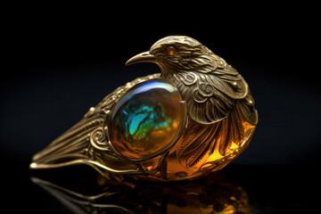 A luxurious golden bird figurine of an intricate design, made of precious stone on a dark background.