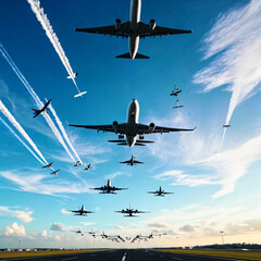 Airplanes taking off and landing at a busy airport with contrails in the blue sky