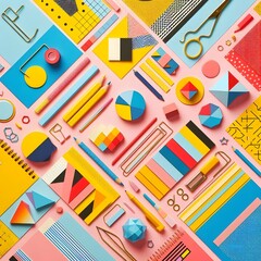 AI Generate of Background texture of Fashion Papers in Memphis Geometry Style. Yellow, blue, light blue, red and pastel pink colors. Top view, flat lay.