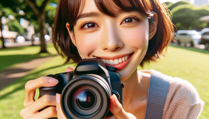 写真を撮る若い日本人女性