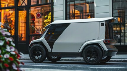 Side view of white modern electric delivery car on the street in city. Concept of eco-friendly transport and sustainable energy.