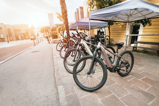 Electric MTB Bicycle Rental Station Ready for Outdoor Explorers