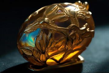 A beautifully crafted decorative gemstone egg with intricate gold designs and a shiny iridescent surface on a dark background.