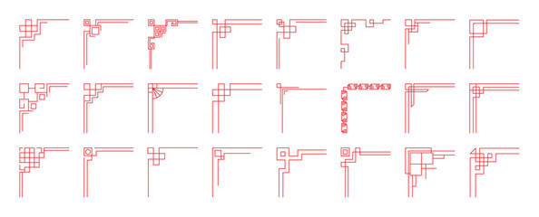 Chinese frame corner ornament vector set. Traditional decorative elements with line, corner, borders, frames, headers. Illustration of elegant design suitable for card, invitation, poster, cover.
