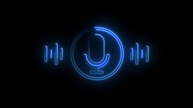   Neon voice recording and mic microphone button icon animation. Neon Audio microphone icon animation with circle on black background.