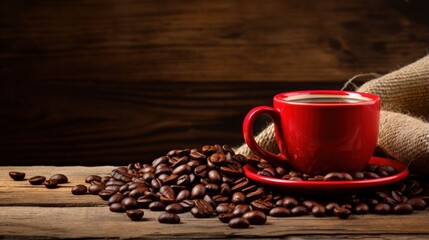 A red coffee cup filled with black coffee on a wooden background with coffee beans - Powered by Adobe