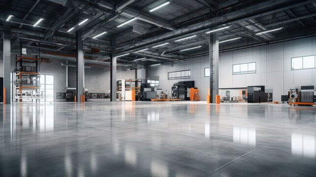 The concrete floor inside an industrial building sets the background for the industrial setting.