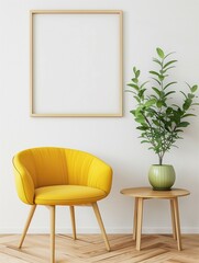 Frame mockup. Home interior with light yellow chair and mini table, wall poster frame. 3D render