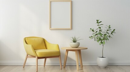 Fototapeta premium Frame mockup. Home interior with light yellow chair and mini table, wall poster frame. 3D render