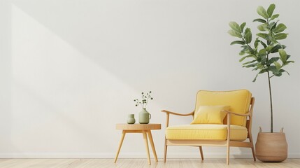 Blank wall home room interior with light yellow chair and mini table