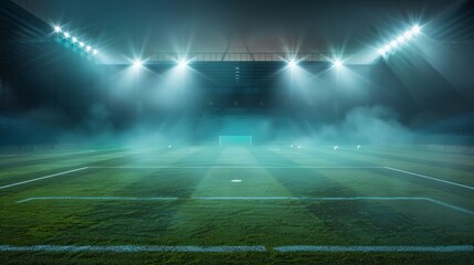 Sports stadium with lights, textured soccer field with spotlights, fog midfield, empty area for championships, studio room, night scene.