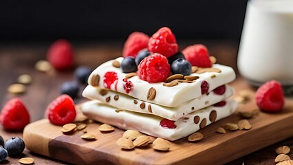 White chocolate bars with berries on the wooden board