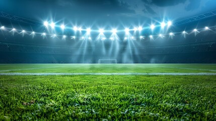 stadium lights, Football stadium arena for match with spotlight. Soccer sport background, green grass field for competition champion match.