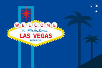 Welcome to fabulous Las Vegas sign icon at night. Star sparkle. Nevada sight showplace. Classic retro symbol. Palm tree set. Template for greeting card, banner. Flat design. Blue background. Vector © worldofvector