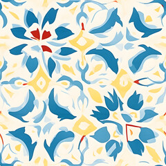 Watercolor yellow, blue and white floral geometric  tile seamless pattern