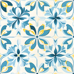 Fototapeta premium Watercolor yellow, blue and white floral geometric tile seamless pattern
