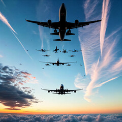 Large passenger planes and fighter jets flying in formation at sunset