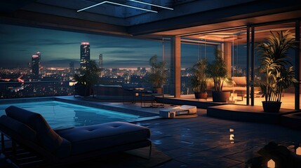 Fototapeta premium Pool at sunset. AI generated art illustration.