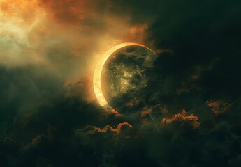 An illustration of the moon passing in front of the sun during a solar eclipse.