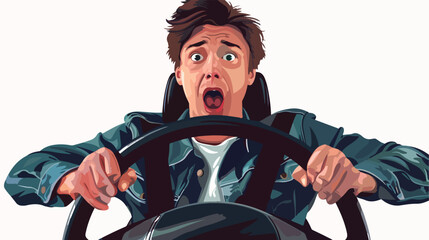 Shocked young man with steering wheel on white background