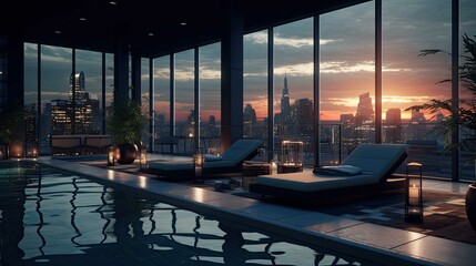 Pool at sunset. AI generated art illustration.