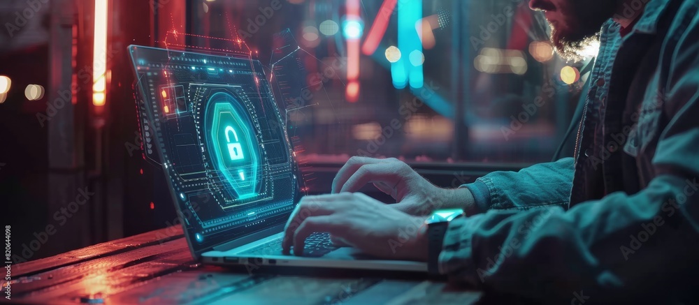 Leinwandbilder Cybersecurity expert is busy typing on a laptop that shows a digital lock screen. Neon lights add a modern touch to the scene, emphasizing the focus on network security and data protection