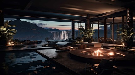 Pool at sunset. AI generated art illustration.