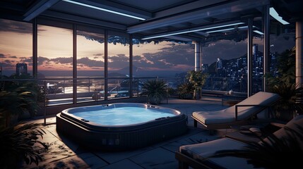 Fototapeta premium Pool at sunset. AI generated art illustration.