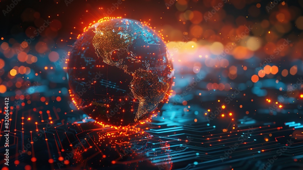 Poster 3d digital rendering of the globe with a bright orange glow surrounding it. global connectivity back