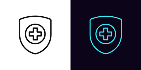 Outline healthcare shield icon, with editable stroke. Protection shield with medical cross. Secure medicine insurance, safe medical service and health aid, checked drugs and medicaments. Vector icon