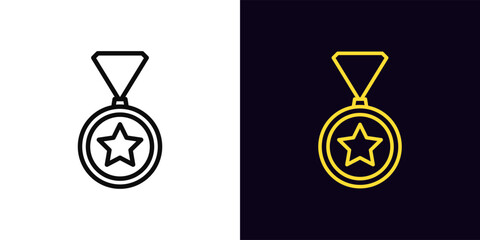Outline medal icon, with editable stroke. Medal sign with star. First place, golden medal, sport award, top reward, winner and champion trophy, game prize and achievement, contest victory. Vector icon