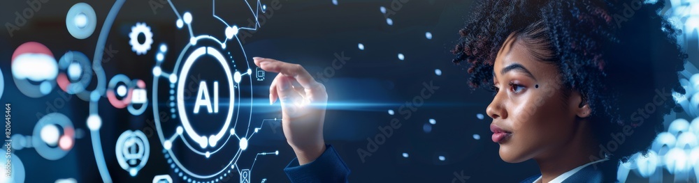 Poster Innovative woman engages with future AI tech interface to explore advanced digital innovation in the digital world, embodying progress and modern tech interactions in a futuristic setting