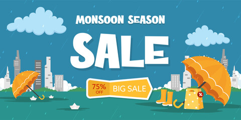 Fototapeta premium Creative Sale Banner Or Sale Poster Of Monsoon Season. Raining day on the city. Rainy season monsoon background with umbrellas, rain, shopping bag. Vector illustration.