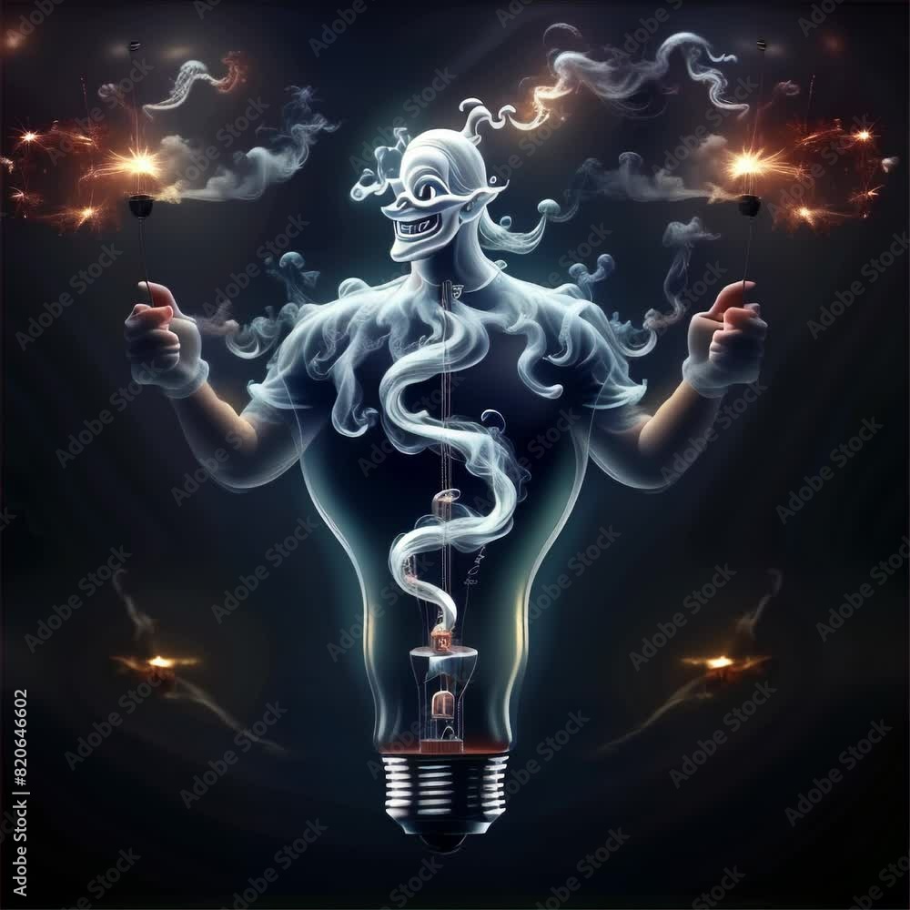 Poster a digital illustration of a genie-like figure emerging from a lightbulb, surrounded by tiny sparking