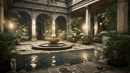 Obraz premium The courtyard of the cathedral de mallorca. AI generated art illustration.