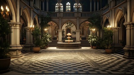 Obraz premium The courtyard of the cathedral de mallorca. AI generated art illustration.