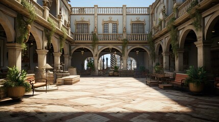 Obraz premium The courtyard of the cathedral de mallorca. AI generated art illustration.