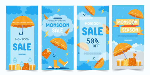 Monsoon sale, Set of 4 vector brouchure, Discount, Offers. monsoon season background. rainy day concept. rainy season. rainy background. rain. Umbrella. template, Vector illustration.